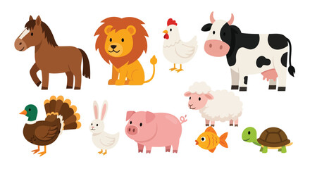 Vector illustration of farm animals and other creatures isolated on white background