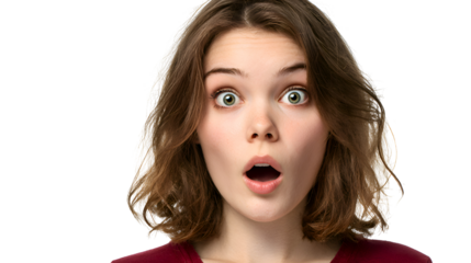 Portrait of a Young Woman with a Surprised Expression on a Transparent Background, Showing Amazement and Shock with Wide Eyes and Open Mouth