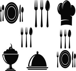 Kitchen Utensils, Cooking Tools, Tableware Icons, Fork Spoon Knife Set, Minimal Silhouette Design, Restaurant Equipment, Culinary Essentials, Food Graphics