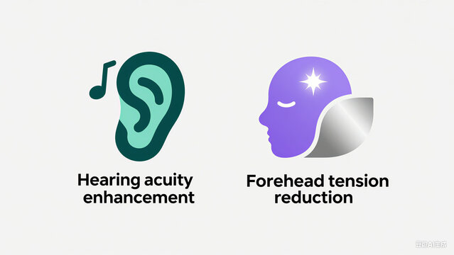 Ear and head icons represent increased auditory sensitivity and reduced frontal tension, used for hearing training and relaxation therapy scenarios.