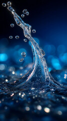 Dynamic blue liquid splashes freeze in mid-air, forming graceful arcs and droplets against a deep navy-blue backdrop