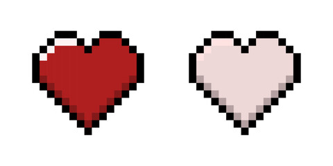 Pixel art heart icon pair in red and pink shades, red and pink heart icons for retro games, 8 bit, pixel art.