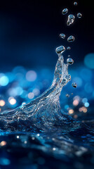 Dynamic blue liquid splashes freeze in mid-air, forming graceful arcs and droplets against a deep navy-blue backdrop
