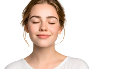 Portrait of a Young Woman with Eyes Closed, Smiling Peacefully Against a White Background. The image showcases a close up of a calm and relaxed woman