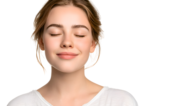 Portrait of a Young Woman with Eyes Closed, Smiling Peacefully Against a White Background. The image showcases a close up of a calm and relaxed woman