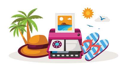 A printer printing a summer beach photo with palm trees hat sun and flip flops on a white background
