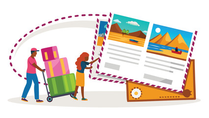 People moving luggage on a cart with postcards of beach and desert scenes in a large envelope