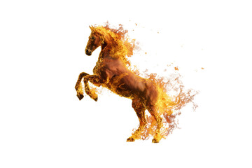 Fiery horse rears dramatically, engulfed in vibrant flames against a transparent background