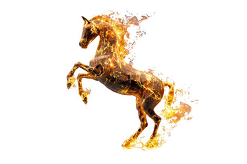 Fiery horse rears dramatically, engulfed in vibrant flames against a transparent background