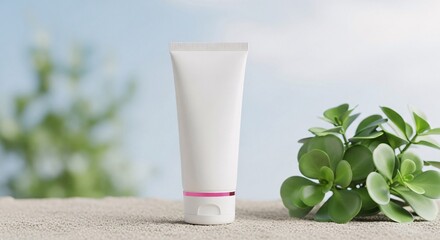 White cosmetic tube with green plant and soft background