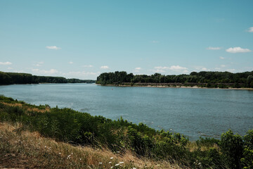 Scenic view of the Danube river near Apatin, Serbia, with calm water, sky, and green shoreline. A Croatian island is visible on the other side of the river.