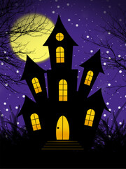 Halloween background with house, Halloween night background, Haunted House Under Full Moon Night.
