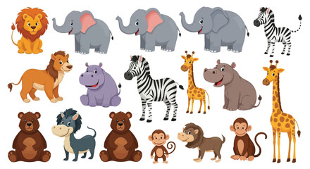Vector illustration of group of cute cartoon wild animals isolated on white background