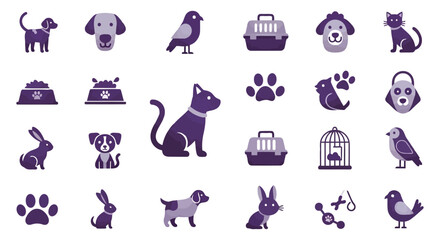 Vector illustration of collection of pet and animal icons isolated on white background
