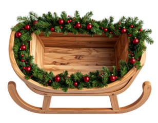  Top-Down View of Empty Wooden Christmas Sleigh Decorated with Evergreen Garland, Isolated PNG
