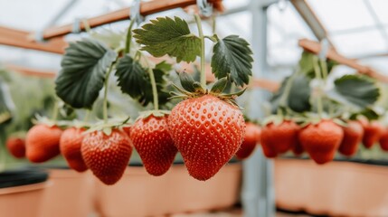 Vibrant organic strawberries thrive in a greenhouse, lush red fruit dangles from green vines, automated irrigation glistens in soft light