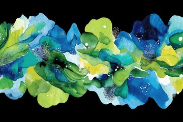 Abstract, flowing shapes of teal, blue, and lime green, on black background with metallic accents