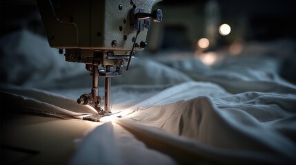 Close-Up View of Sewing Machine Stitching White Fabric in Workshop