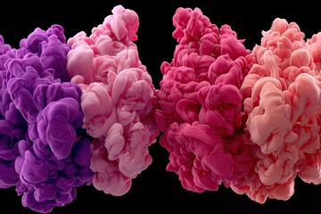 Obraz premium Abstract ink clouds of vibrant pink, purple, and peach hues swirling in a dark background