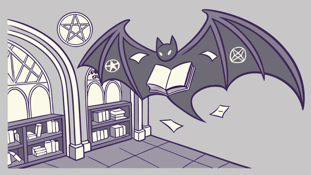 A mystical bat hovers over bookshelves in a gothic library holding an open book and surrounded by arcane symbols and floating papers