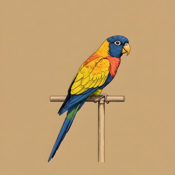 A vibrant hand-drawn illustration of a colorful parrot with blue and yellow feathers, perched on a wooden stand.