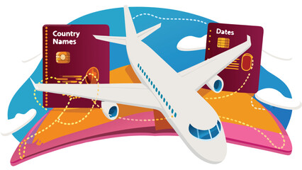 Airplane flying between two passports with country names and dates on a colorful background design