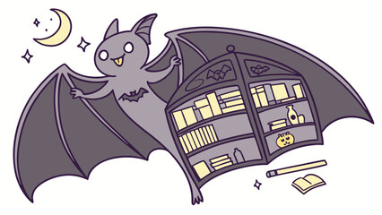 Fototapeta premium A cute cartoon bat character holding a bookshelf filled with books and halloween decorations under a crescent moon and stars
