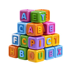 Colorful alphabet blocks stacked in a pyramid isolated on transparent background