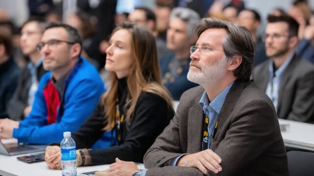 Conference Attendees: A focused gathering of attendees at a conference, all eyes fixed on the speaker, captured in a candid moment of active listening and knowledge sharing.