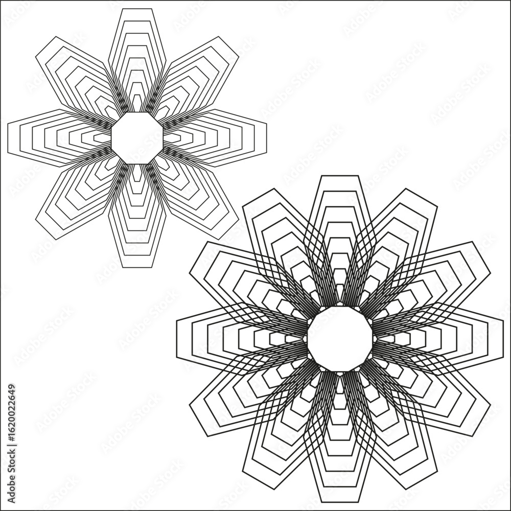 Poster geometric star shapes. intricate line patterns. abstract vector forms. ornamental design collection.