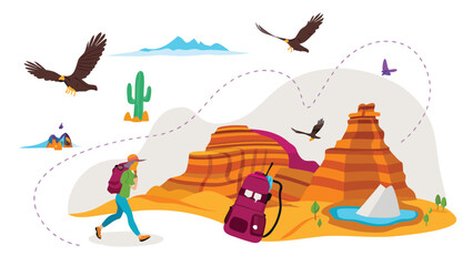 Illustration of a woman hiking in a desert landscape with eagles flying overhead and a backpack nearby
