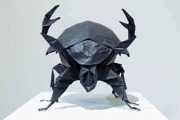 Intricate origami sculpture of a black beetle displayed in a contemporary art exhibit