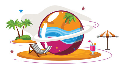 Illustration of a tropical island with palm trees, beach chair, and a planet with rings and waves