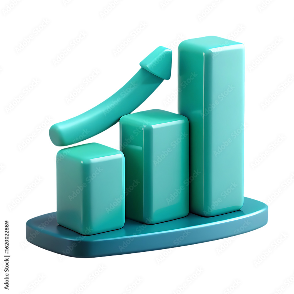 Poster three dimensional teal green bar graph with upward trending arrow isolated on transparent background