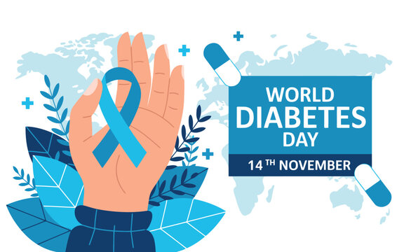 Illustration of world diabetes day on november 14th with blue ribbon and hand