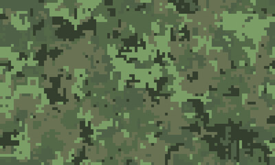 Abstract digital camouflage pattern.  Perfect for backgrounds, textures, or militarythemed designs.  Offers a blend of green hues and pixelated detail.
