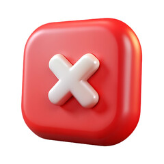Obraz premium Red square button with a white cross mark symbol isolated on transparent background