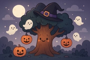 Whimsical Halloween night scene