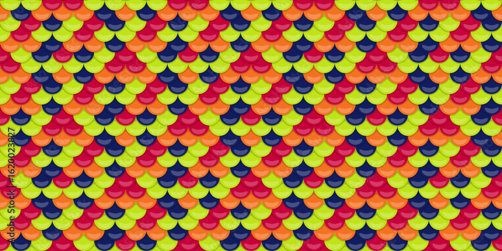 Poster vibrant, repeating geometric pattern featuring overlapping, scalelike shapes in a dynamic array of r