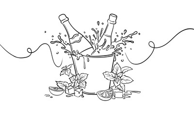 Glass of champagne with splashes and ice with mint, continious line drawing. Splashes of champagne outline. Alcoholic drink. Vector illustration