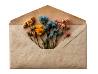 Delicate dried flowers in a kraft envelope, romantic detail, Love letter For Valentines Day. isolated on transparent background with clipping path.