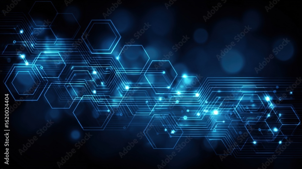 Poster futuristic blue hexagonal technology background with digital lines and bokeh effects