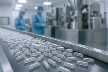 High-Quality Pharmaceutical Production: Capsules on Conveyor Belt in a Modern Facility