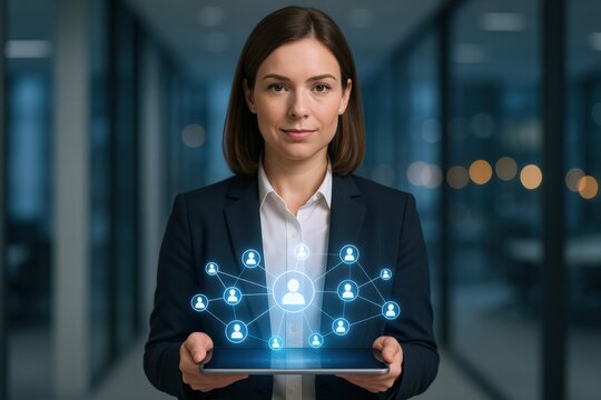 Professional Businesswoman Showcasing Digital Networking Concepts in Modern Office Environment