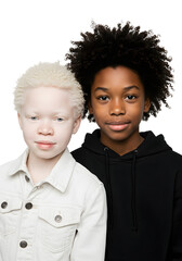 Striking Visual Harmony Of Young Albino Boy And Dark-Skinned Child Standing Close As Friends Isolated On PNG Background.