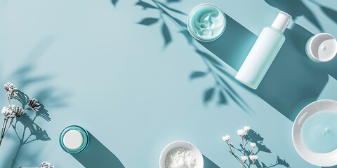 Skincare Products with Shadows of Leaves on Blue Background

