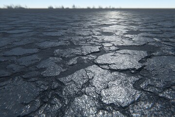 Cracked, dark gray surface, receding into distance