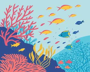 Vibrant Underwater Scene with Multicolored Fish Illustration