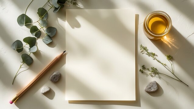 Overhead view of a blank paper with a pencil and drink bathed in dappled sunlight