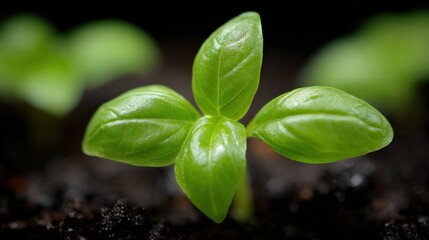 Naklejka premium Vibrant Green Seedling Emerging from Rich Soil: A Symbol of Growth and Renewal
